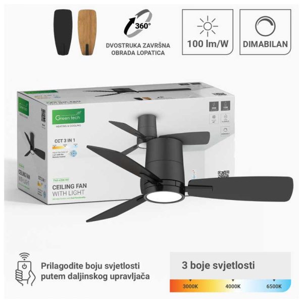Stropni ventilator sa svjetiljkom Green Tech, 42", 15W, 3CCT, Crno ili Drvo