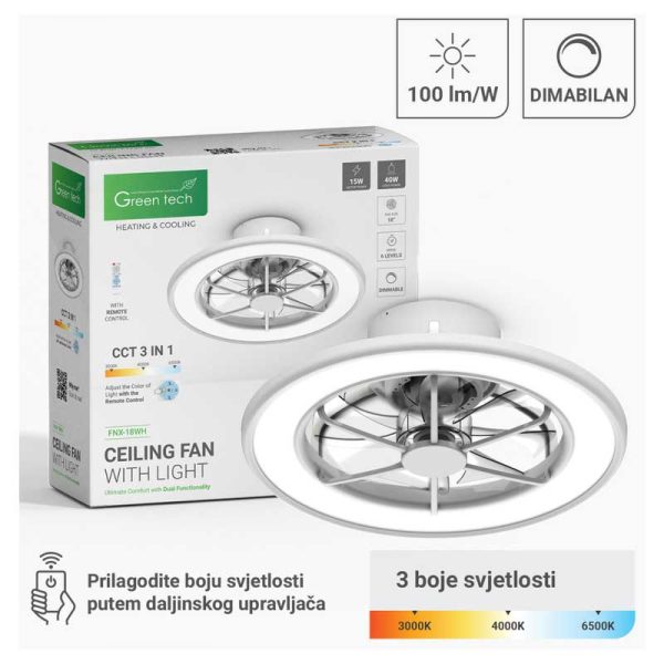 Stropni ventilator sa svjetiljkom Green Tech, 18", 40W, 3CCT, bijeli