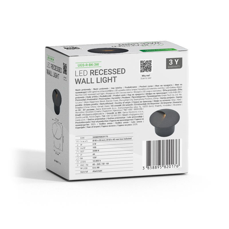 LED ugradna zidna svjetiljka Green Tech 3W, 3000K IP44, crna - Slika 7