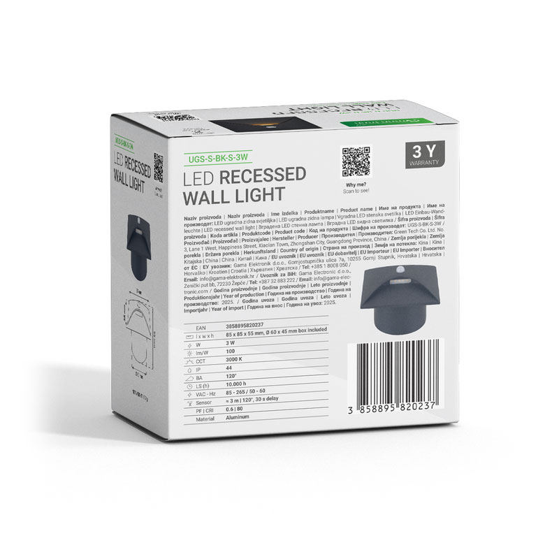 LED ugradna zidna svjetiljka sa senzorom Green Tech 3W, 3000K IP44, crna - Slika 8
