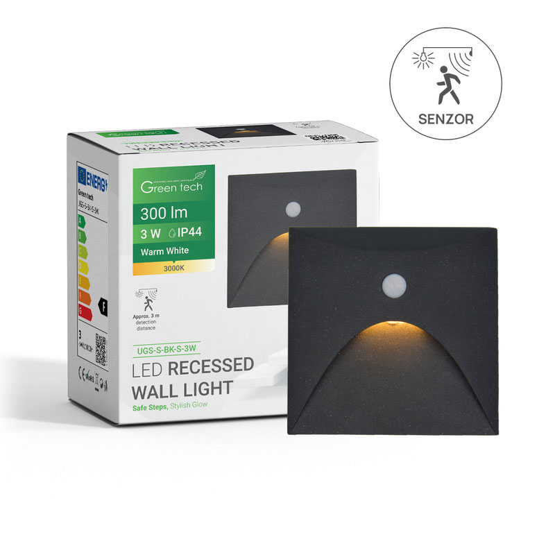 LED ugradna zidna svjetiljka sa senzorom Green Tech 3W, 3000K IP44, crna