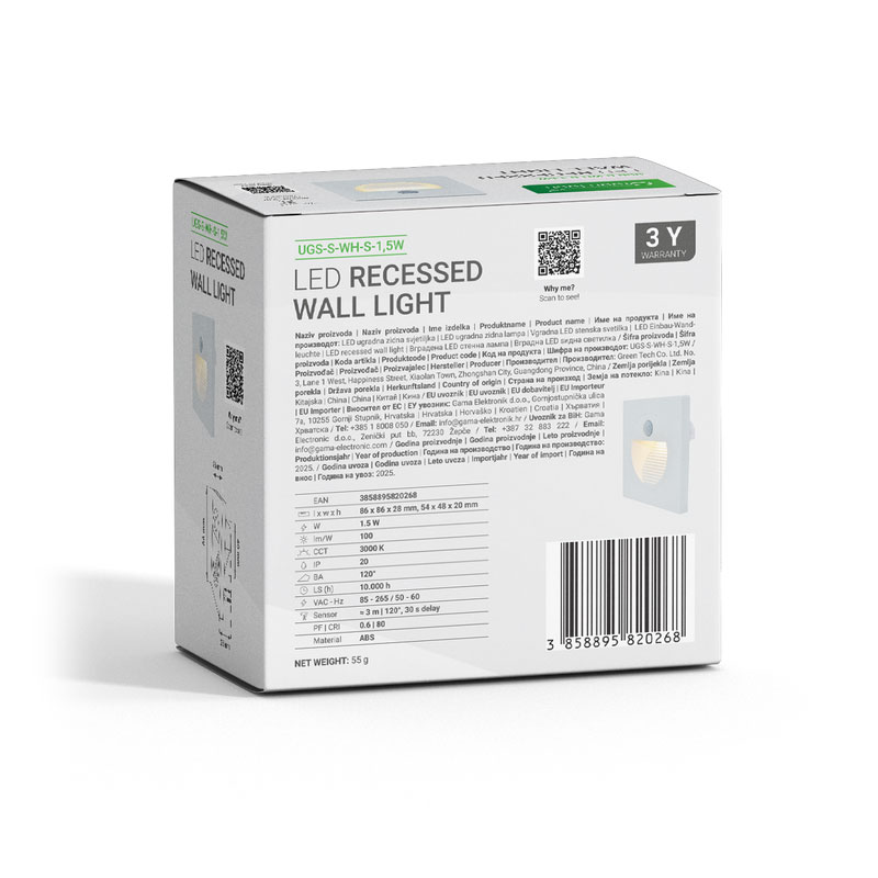 LED ugradna zidna svjetiljka sa senzorom Green Tech 1,5W, 3000K IP20, bijela - Slika 10
