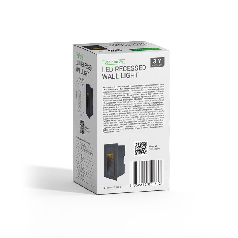LED ugradna zidna svjetiljka Green Tech 3W, 3000K IP44, crna - Slika 8