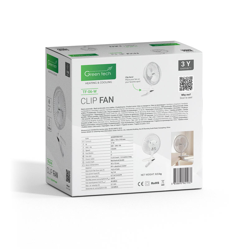 Ventilator s kopčom Green Tech 17W, 6", bijela boja - Slika 6