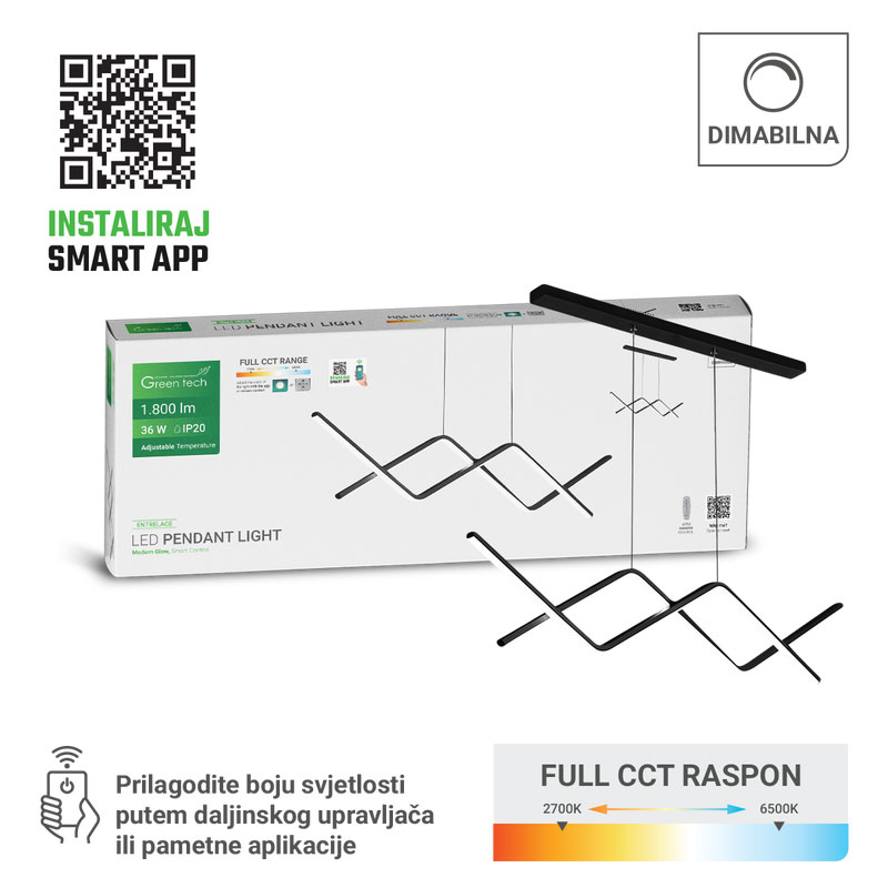 Smart dekorativna visilica Green Tech 36W, 3CCT, dim, APP + daljinski upravljač - Slika 3