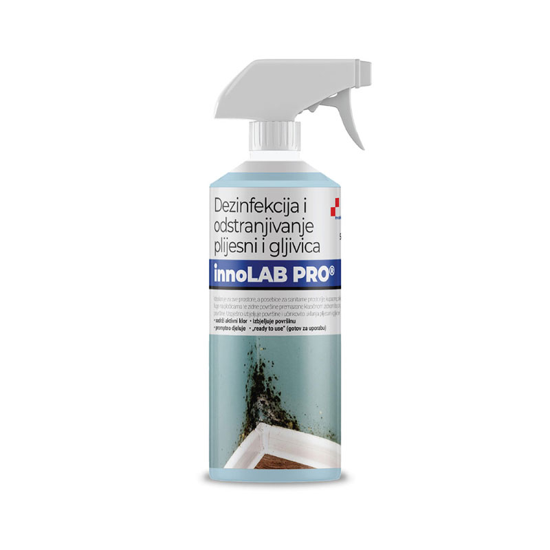 InnoLAB PRO Dezinfekcija i odstranjivanje plijesni i gljivica 500 ml tekuće sredstvo za dezinfekciju svih tvrdih površina. Idealan je za sve prostore a posebice za sanitarne prostorije, kupaone, silikone i fuge na pločicama